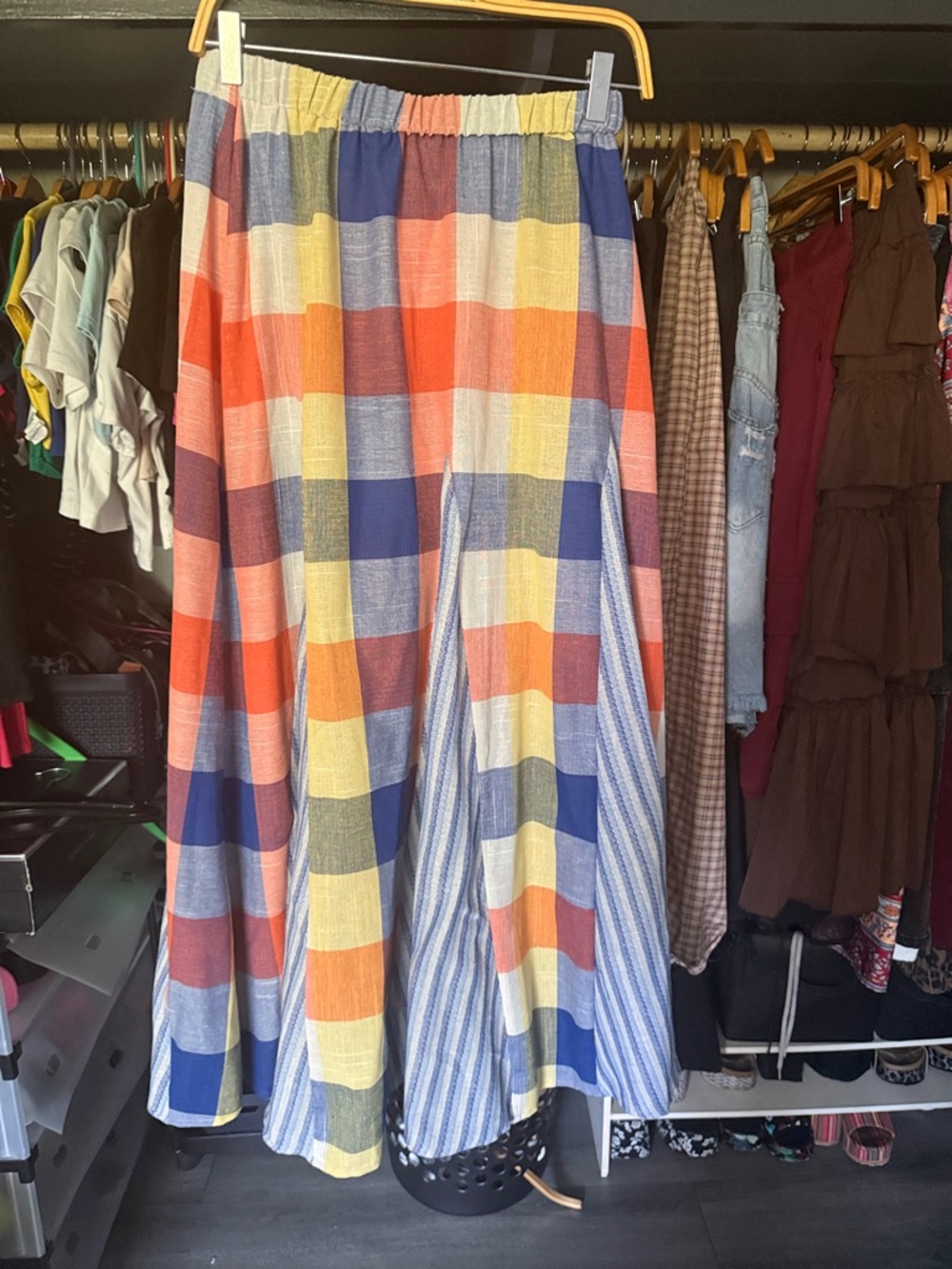 Multi-Color Plaid Maxi Skirt with Blue Stripe Panels
